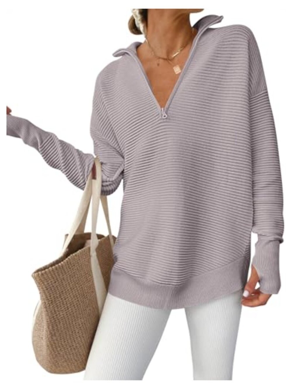 Women Long Sleeve V Neck Quarter Zip Sweater Pullover Loose Fit Rib Knit